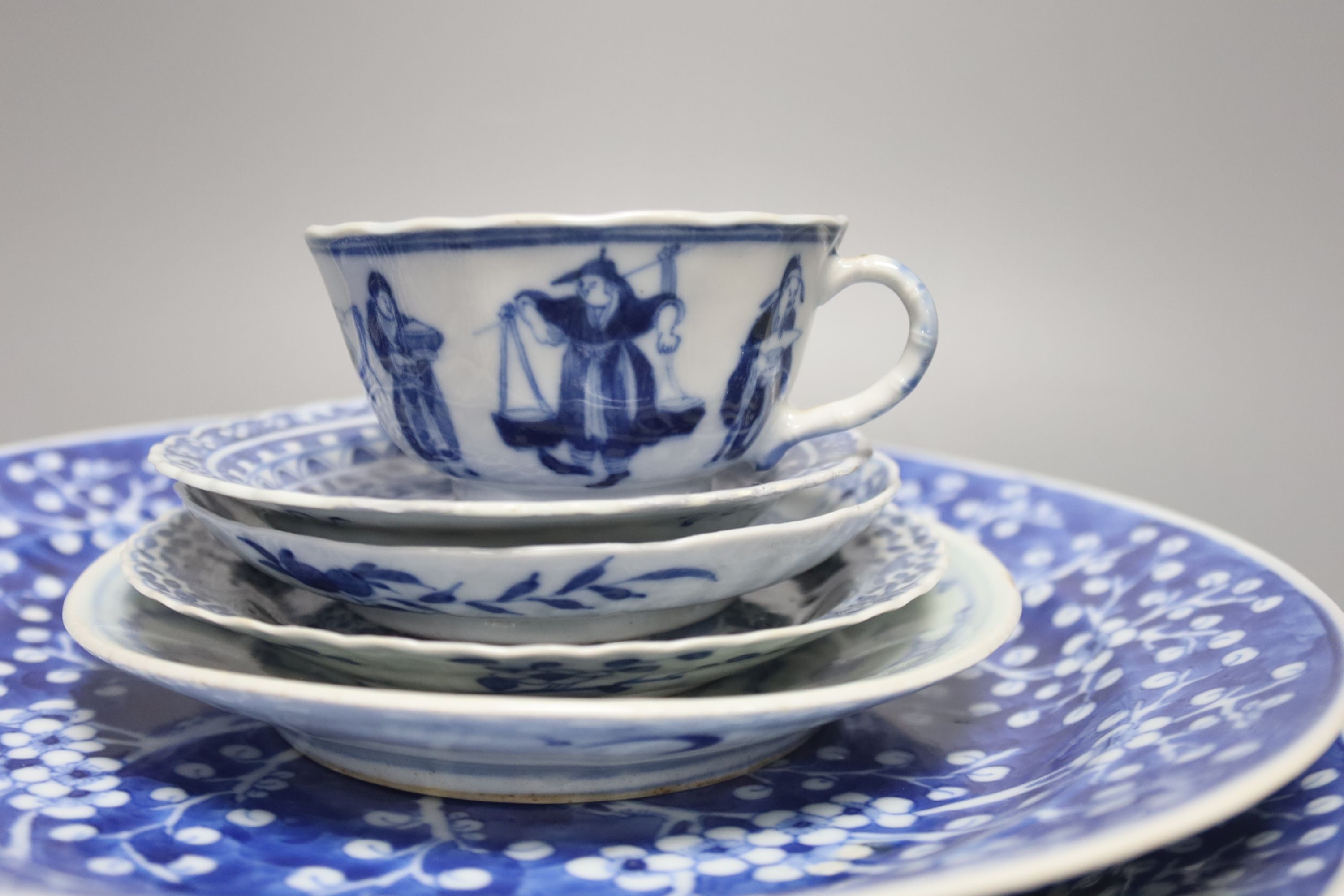 A group of 19th century Chinese blue and white plates, dishes and a cup